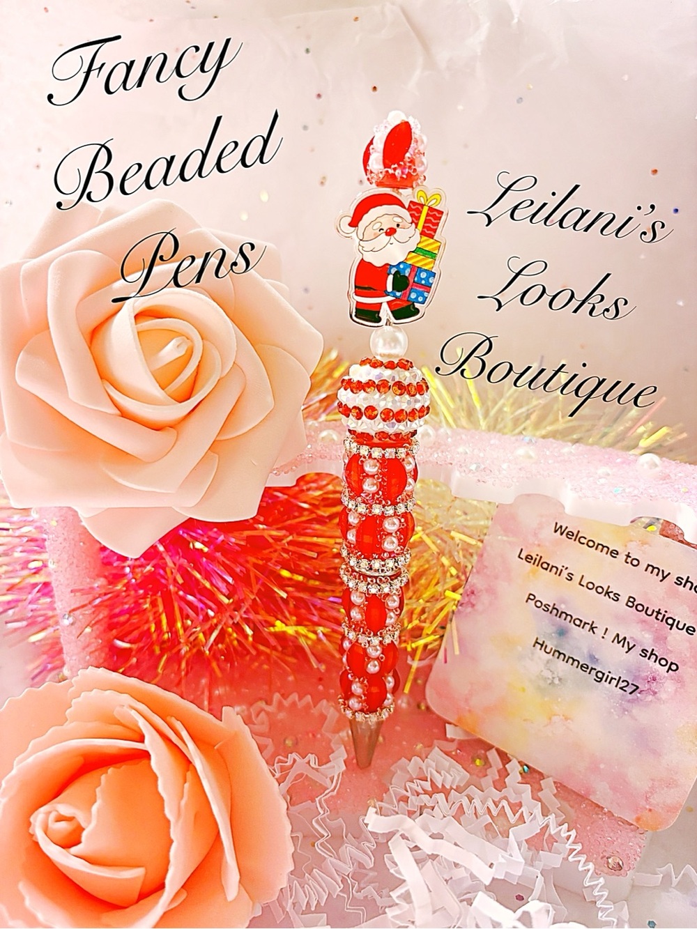 Red beaded pen with Santa Claus figure and gift/Fancy beaded pen/gifts/